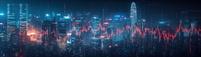 Poster - A city skyline with digital stock market 