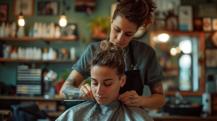 Hairdresser cutting woman's hair, salon