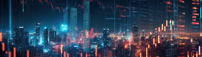 Poster - A city skyline with digital stock market 