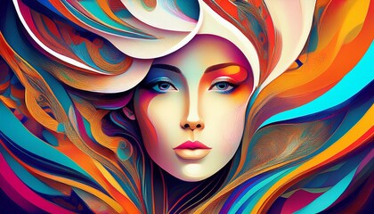 Wall Mural - A digital artwork depicting a womans face with a colorful abstract background