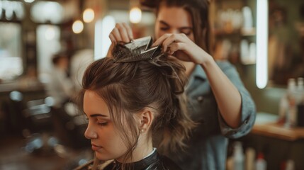 Hairdresser cutting woman's hair, salon