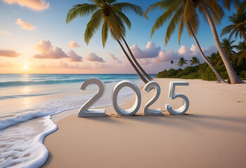 Wall Mural - sign letter 2025 on a tropical beach, New Year 2025, Concept of planning, career path, opportunity and change