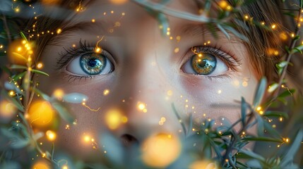 a whimsical scene of a childâ€™s eyes wide with amazement while discovering a magical, twinkling fai