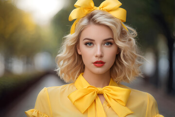 Wall Mural - A blonde woman wearing a yellow dress and a yellow bow tie