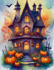 Sticker - halloween background with pumpkins in watercolor 