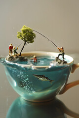 Wall Mural - Tiny people fishing in a coffee cup. 