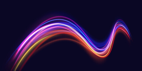 Wall Mural - Neon stripes in the form of drill, turns and swirl. Illustration of high speed concept. Image of speed motion on the road. Abstract background png in blue and purple neon glow colors