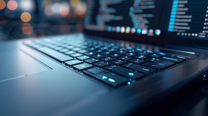 Wall Mural - Close-up of a laptop keyboard with code displayed on the screen, highlighting technology and programming.