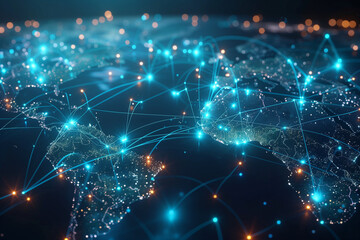 Wall Mural - a global network visualization featuring a digital map with glowing connections