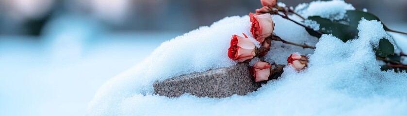 A serene winter scene featuring delicate flowers peeking through soft, white snow, capturing the beauty of nature's contrast.