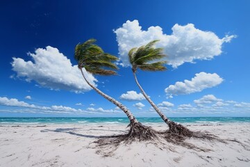 Two swaying palm trees on a sandy beach under a vibrant blue sky with fluffy clouds, capturing the essence of a tropical paradise.