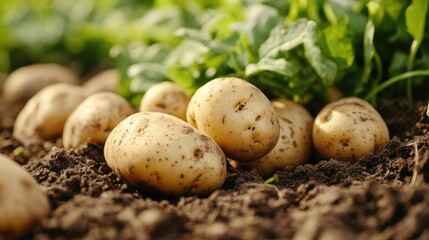 Close-up of potatoes freshly pulled from the ground, showcasing their natural and earthy appearance.