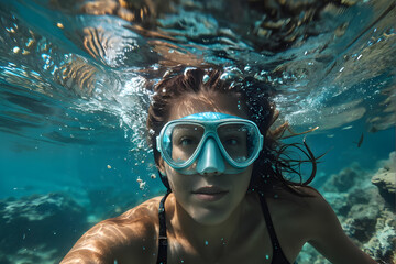 A woman is swimming underwater wearing a black bikini and goggles