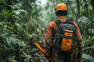 Wall Mural - Lumberjack Carrying Chainsaw in Forest