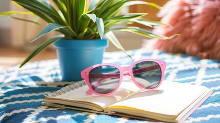 Wall Mural - Pink Sunglasses on a Book with a Plant in the Background