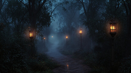 A spooky forest path illuminated by lanterns, with fog and eerie shadows 