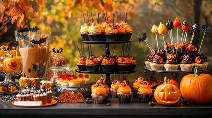 a table set with an array of halloween-themed treats, including candy apples, cupcakes, and cookies