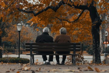 an elderly couple sitting on a park bench, holding hands surrounded by autumn leaves, long term rela