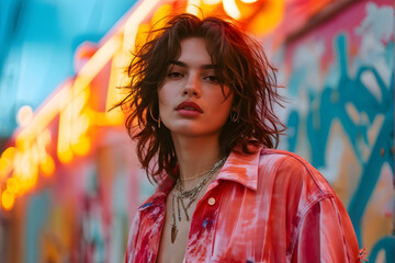 Wall Mural - A woman in a pink shirt and gold necklace stands in front of a graffiti wall