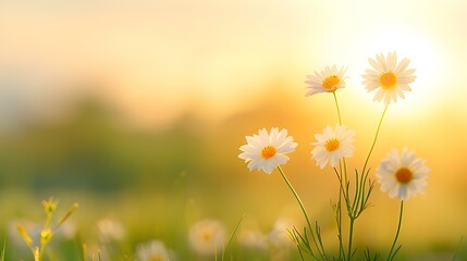 Sunlight-filled flower field, close-up macro picture of a spring or summer garden, or flower meadow field in the morning