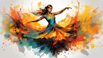 Wall Mural - Abstract illustration of the Bharatanatyam dance in an explosion of colorful paint on a white background