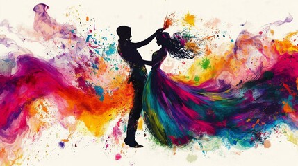 Wall Mural - Abstract illustration of the flamenco dance in an explosion of colorful paint on a white background