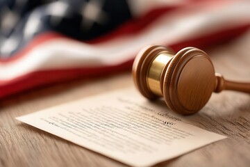 Wooden gavel, legal document and American flag in background.