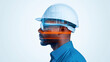 © Lila DK - Profile of an engineer wearing a white hard hat and glasses, with a futuristic digital overlay of industrial schematics. Perfect for themes of engineering, technology, and industrial innovation.