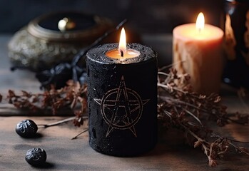 Wall Mural - glowing Black candle with pentagram