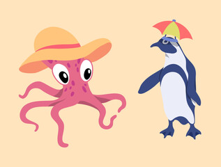 Wall Mural - Cartoon Color Characters Animal Octopus and Penguin Friendship Concept for Children Party Flat Design Style. Vector illustration