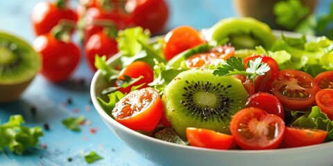 Wall Mural - Salad Bowl with Fresh Kiwi and Tomatoes on a Bright Table