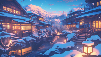 Wall Mural - A traditional Japanese hot spring surrounded by snow-covered wooden buildings, illustration