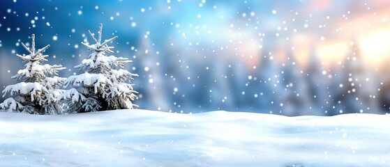 snow-covered landscape with falling snowflakes, featuring frosty pine trees, and a calming blue sky 