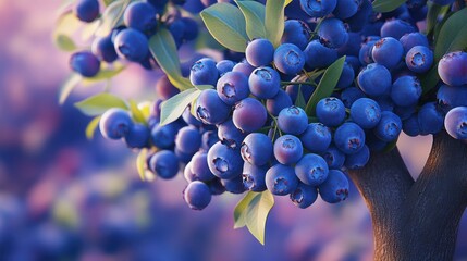 Canvas Print - Tree full of ripe blueberries, showcasing a rich harvest. Perfect for agricultural and berry farming themes.