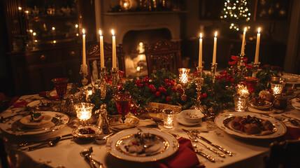 A picturesque scene of a traditional Christmas Eve dinner with a table set with seasonal dishes, elegant tableware, and candles, creating a warm and festive atmosphere for a memorable Christmas 