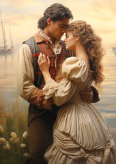 romantic couple dressed in vintage attire embrace by a serene waterfront at sunset, perfect for book