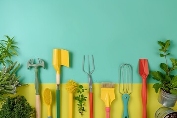 Vibrant Gardening Tools and Supplies Arranged Neatly on Colorful Background