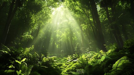 Poster - Sunbeams filtering through a dense green forest canopy