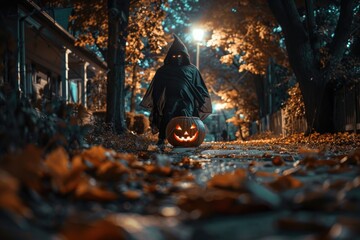 Poster - A person walking at night carrying a lit jack-o-lantern, suitable for Halloween or autumn themed images