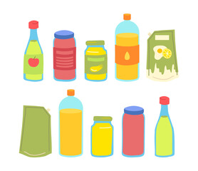 Poster - Cartoon Color Sauce Jar Bottle Set Concept Flat Design Style. Vector illustration of Olive Oil, Vinegar and Mayo