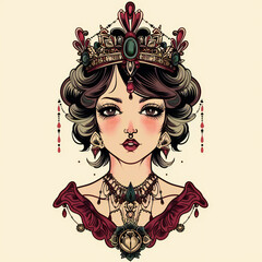 pretty woman with crown pendant very simple traditional tattoo illustration