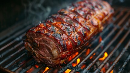 The meat is cooked for a tasty meal on an outside grill while a pig dish is grilled.