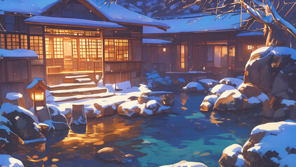 Wall Mural - A traditional Japanese hot spring surrounded by snow-covered wooden buildings, illustration