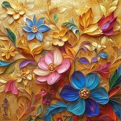 Wall Mural - Vivid 3D Embossed Colorful Flowers on Gold Floral Background with Glittering Leaves in Quilling Art Style