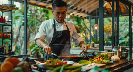 Wall Mural - A professional chef was cooking on the stove in an elegant kitchen, surrounded by modern appliances and ingredients