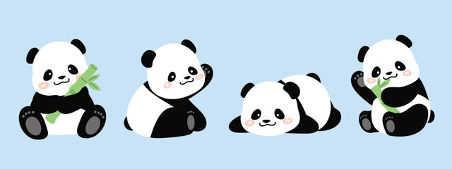 cute animal panda characters set. hand drawn wild animal cartoon design of panda in different pose, 