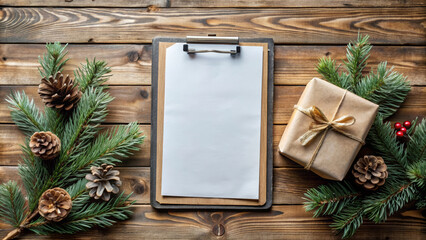 Poster - A clipboard with blank white paper, a wrapped gift, pine branches and pine cones, symbolizing Christmas planning, holiday spirit, gift giving, rustic charm, and a touch of nature.