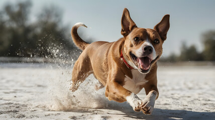 A dog is running in a field with its tongue out. The dog is happy and enjoying itself