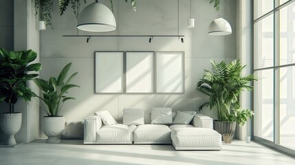 Modern living room with white sectional sofa, three empty picture frames, plants, and large window.