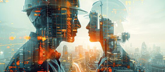 Poster - A man and woman are standing in front of a city skyline